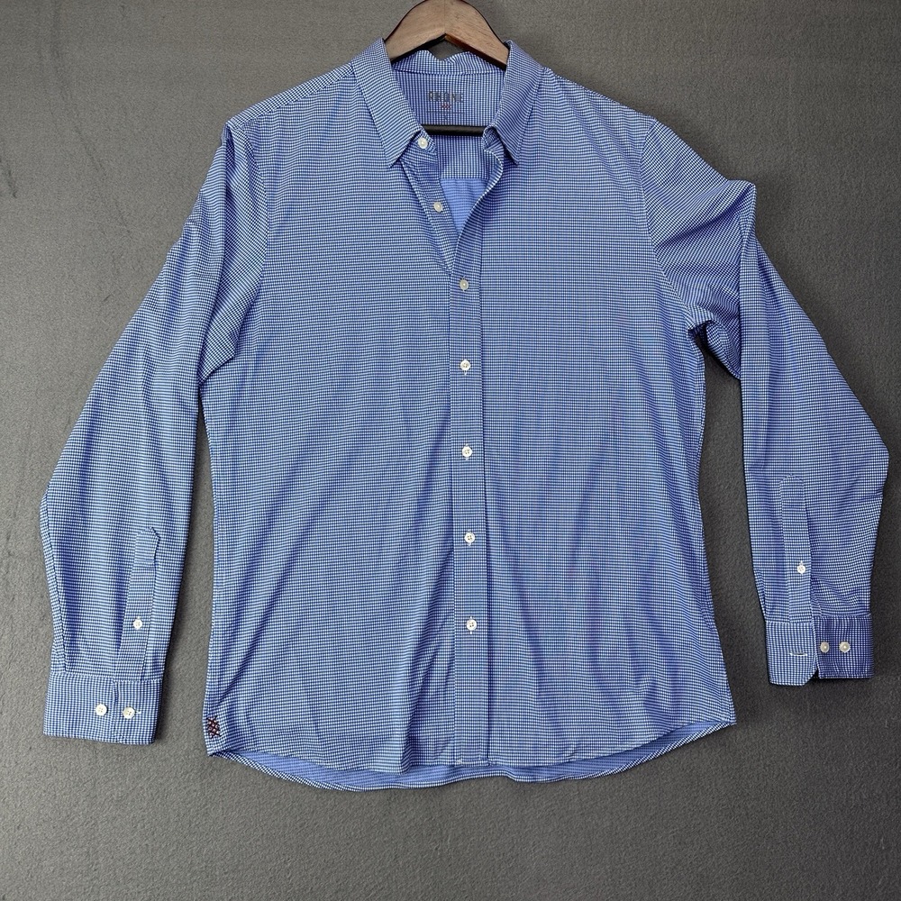 RHONE Blue Plaid Check Performance Fabric Mens Large Button Down Shirt Collared